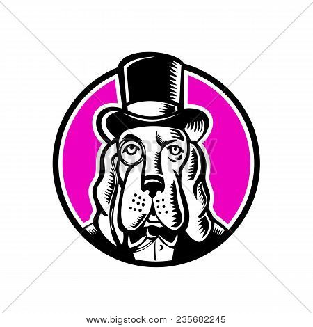 Mascot Icon Illustration Of Head Of A Basset Hound Wearing Monocle Glass And Top Hat, High Hat, Or T