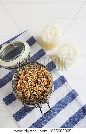 Healthy Homemade Granola Dried Fruits Oatflakes Wooden Table.
