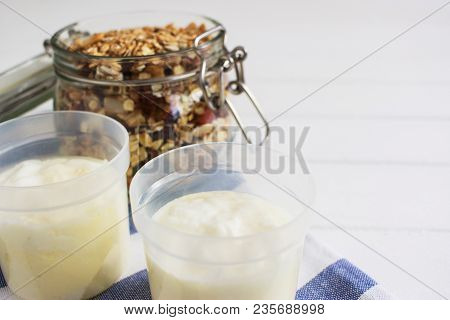 Homemade Granola Dried Fruits Oatflakes Wooden Table.