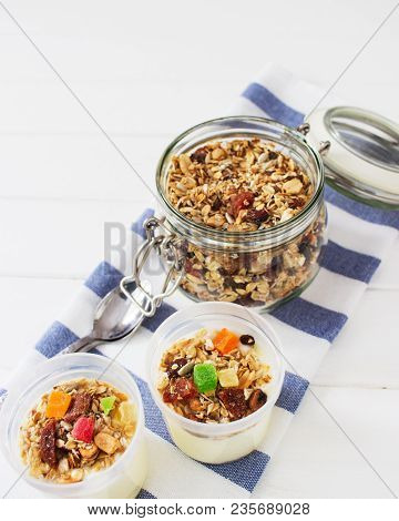 Homemade Granola Dried Fruits Oatflakes Wooden Table.