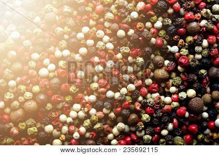Pepper Spice Texture. Multicolored Pepper Corns, Mix Of Colorful Grains. Ingredients For Cooking, To