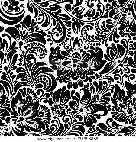 Vector Seamless Black And White Pattern With Abstract Stylized Flowers In Folk Style, Hohloma, Petri