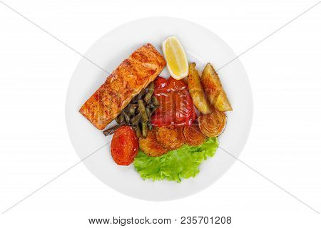 Fish, Trout, Keta, Pink Salmon, A Piece, Baked, Fried Over An Open Fire, With A Slice Of Lemon, Vege