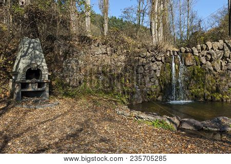 Part Of  Waterfall Cascade Of River Lokorska With Barbecue Near Village  Lokorsko, Sofia, Bulgaria