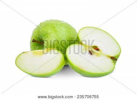 Whole And Half Green Apple Or Granny Smith Apple With Drop Of Water Isloated On White Background