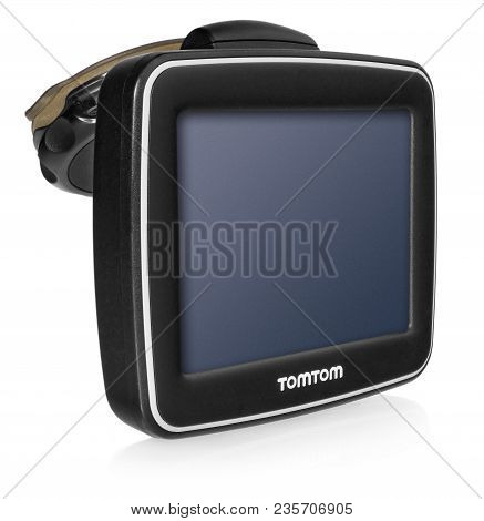 Tomtom Gps Car Navigation With Handle. Black Electronic Map Device.