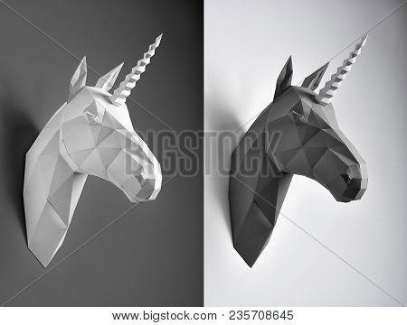 Contrast Collage Of Black And White Unicorn Heads. Horses Have Similiar Geometrical Lines And Shape 