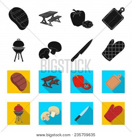 Barbeque Grill, Champignons, Knife, Barbecue Mitten.bbq Set Collection Icons In Black, Flet Style Ve