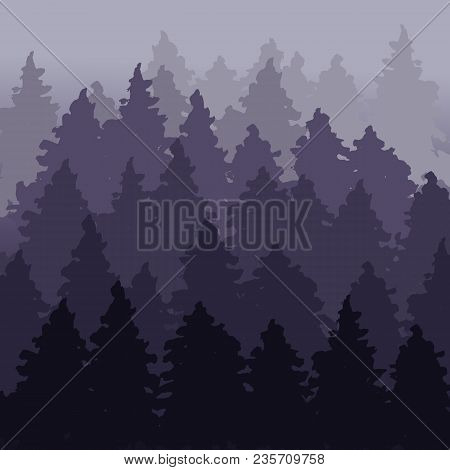 Fog Firry Forest Landscape. Fir Tree Background. Spruce Pattern. Outdoor Violet Design Template. Vec