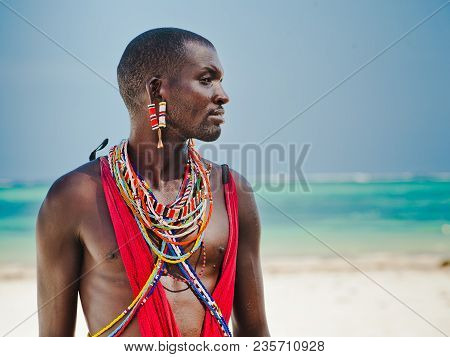 Maasai Warrior On The Beach. Diani Beach, Kenya Mombasa January 26 2012