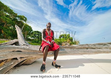 Maasai Warrior On The Beach. Diani Beach, Kenya Mombasa January 26 2012