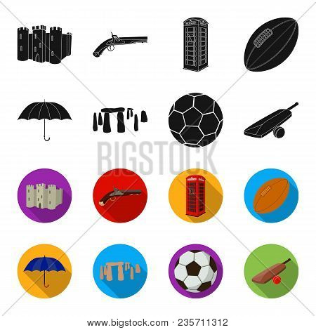 Umbrella, Stone, Ball, Cricket .england Country Set Collection Icons In Black, Flet Style Vector Sym
