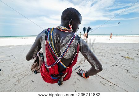 Maasai Warrior On The Beach. Diani Beach, Kenya Mombasa January 26 2012
