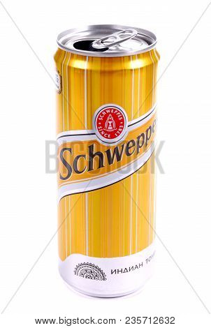 Novyy Urengoy, Russia - April 4, 2018: Opened Aluminium Can Of The Schweppes Drink Isolated Over Whi