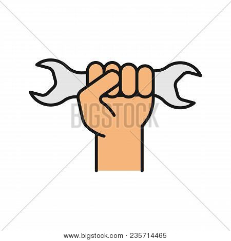 Hand Holding Wrench Color Icons Set. Double Open Ended Spanner. Isolated Vector Illustrations