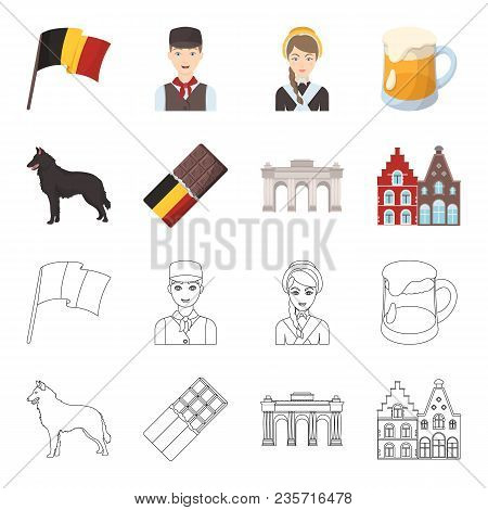 Chocolate, Cathedral And Other Symbols Of The Country.belgium Set Collection Icons In Cartoon, Outli