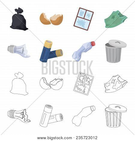 Broken Light Bulb, Used Batteries, Breaking A Plastic Bottle, Garbage Can With A Sign.garbage And Tr