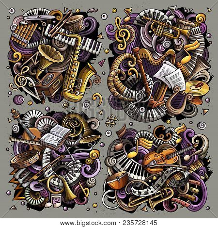 Colorful Vector Hand Drawn Doodles Cartoon Set Of Classical Musical Instruments Combinations Of Obje