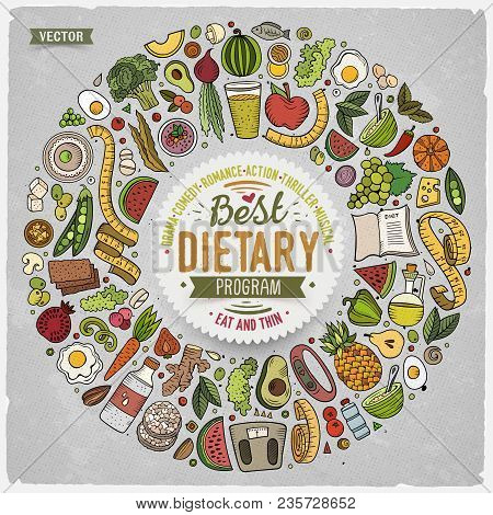 Set Of Vector Cartoon Doodle Diet Food Objects Collected In A Round Border. Dietic Card Design