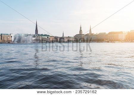Alster Lake And Jungfernstieg In Hamburg, Germany On Sunny Spring Day