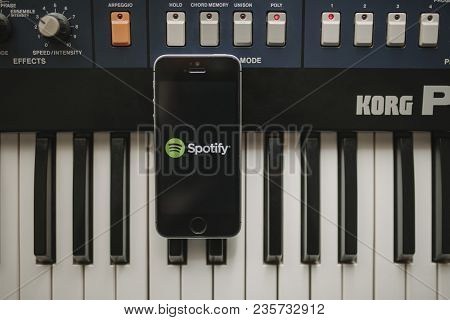 Malaga, Spain - April 12th, 2018: Spotify Streaming Music App In An Iphone Screen, Placed On A Vinta