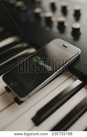Malaga, Spain - April 12th, 2018: Spotify Streaming Music App In An Iphone Screen, Placed On A Vinta