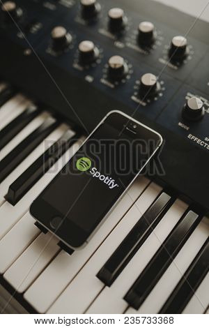 Malaga, Spain - April 12th, 2018: Spotify Streaming Music App In An Iphone Screen, Placed On A Vinta