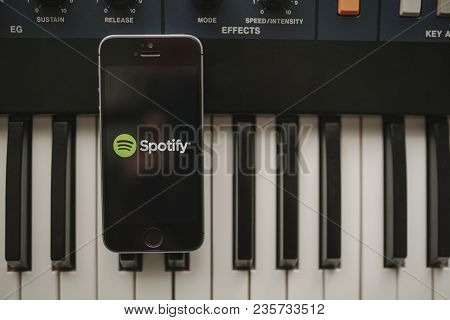 Malaga, Spain - April 12th, 2018: Spotify Streaming Music App In An Iphone Screen, Placed On A Vinta