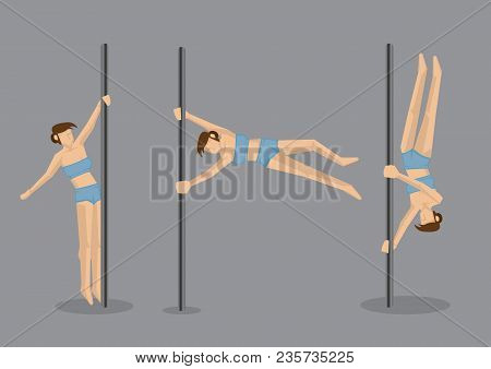 Set Of Three Sexy Pole Dancer Vector Characters Dancing Around Metal Pole Isolated On Grey Backgroun
