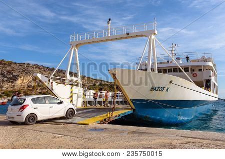 Zakynthos, Greece - September 30, 2017: Vassos K, Ferry Waiting In Port Of St. Nikolaos To Be Loaded