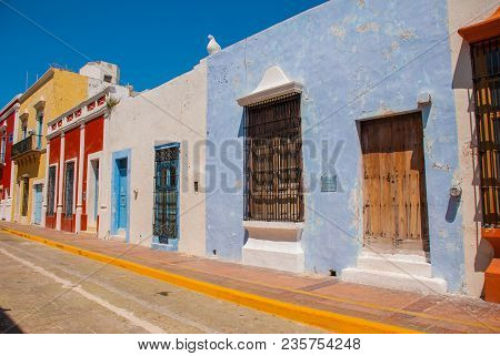 Street With Colorful Facades Of Houses. Colonial Architecture In San Francisco De Campeche, Mexico. 