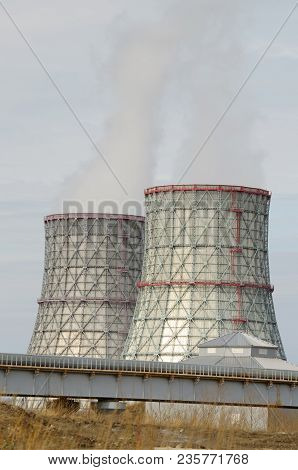 Large Cooling Pipes At The Thermal Power Plant.inside Them Steam Is Cooled And Condensed Water.
