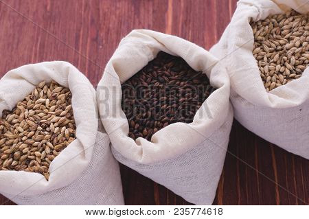 Pale, Caramel, Chocolate Malt In A Bags. Craft Beer Brewing From Grain Barley Malt In Process. Ale O