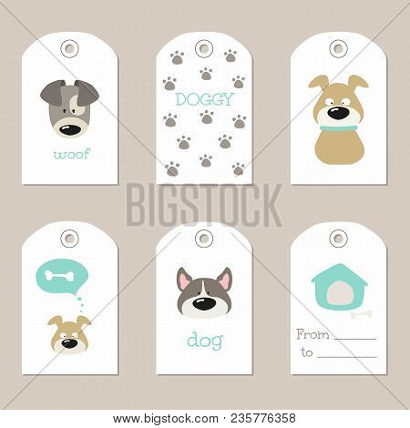 Set Of Tags With Cartoon Dogs. Vector Illustration.