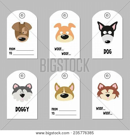 Set Of Tags With Cartoon Dogs. Vector Illustration.