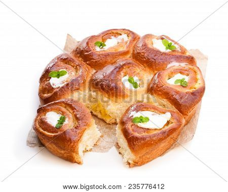 Delicious  Homemade Mini Brioche Buns With Creme Patissiere Filling Isolated On White