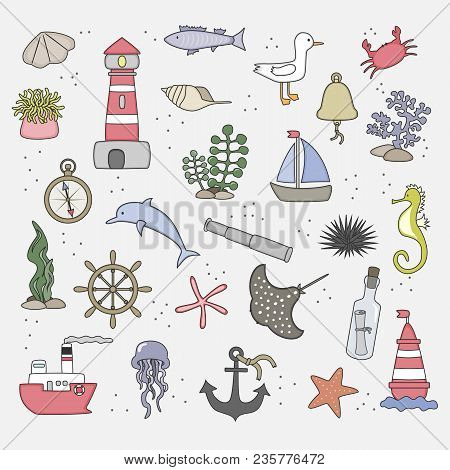 Cute Cartoon Sea Objects Collection. Vector Illustration.