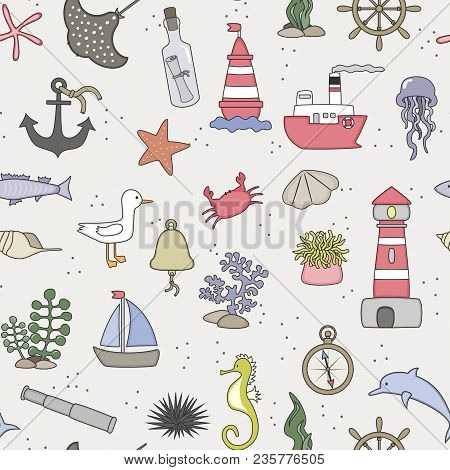 Seamless Pattern With Cartoon Sea Objects And Life Animals. Underwater Background. Vector Illustrati