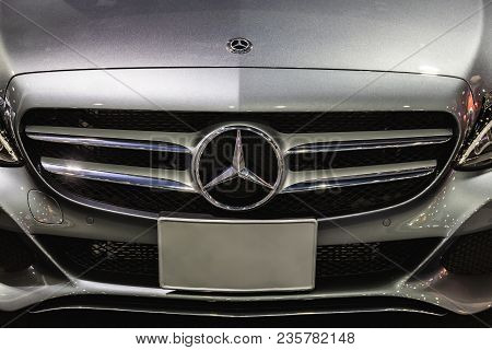 Bangkok, Thailand 1 April, 2018: Mercedes Benz Sign Close Up In Bangkok International Motorshow. Fou