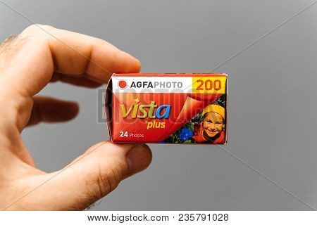 Paris, France - Mar 24, 2018: Man Holding Against Gray Background Agfa Photo Vista Plus 200 Color Ne