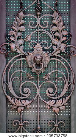 Details, Structure And Ornaments Of Forged Iron Gate. Floral Decorative Ornament, Made From Metal. V