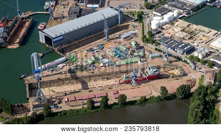 Rotterdam, The Netherlands - Sep 2, 2017: Aerial View Of A Ship In A Repair Dry Dock In The Industri