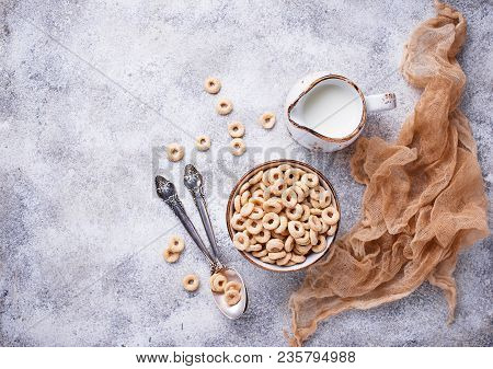 Sweet Cereal Loops In Bowl. Corn Flakes For Breakfast. Top View