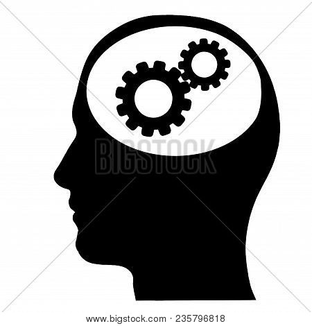 The Human Head Of The Mechanism Instead Of The Brain, A Symbol Of Intelligence, Black On Isolated Ba