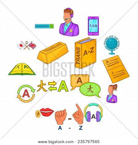 Translator Icons Set In Cartoon Style. Language Interpreter Set Collection Vector Illustration