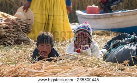Puno, Peru - September 2017: Unidentified People At The Floating Island Isla Flotante, Titicaca Lake