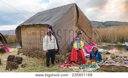 Puno, Peru - September 2017: Unidentified People At The Floating Island Isla Flotante, Titicaca Lake