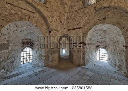 Three Arches Leading To Windows On Brick Stone Wall Of A Passage Surrounding The Citadel Of Qaitbay,