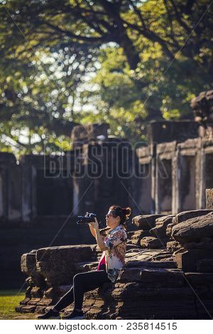 Woman Taking Photograph By Dslr Camera In Thailand Traveling Destination
