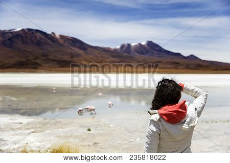 Young Woman At Laguna Hedionda At Andean Altiplano In Bolivia
